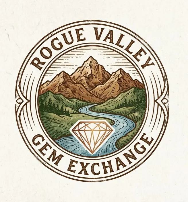 Rogue Valley Gem Exchange original mountain, river and gemstone emblem